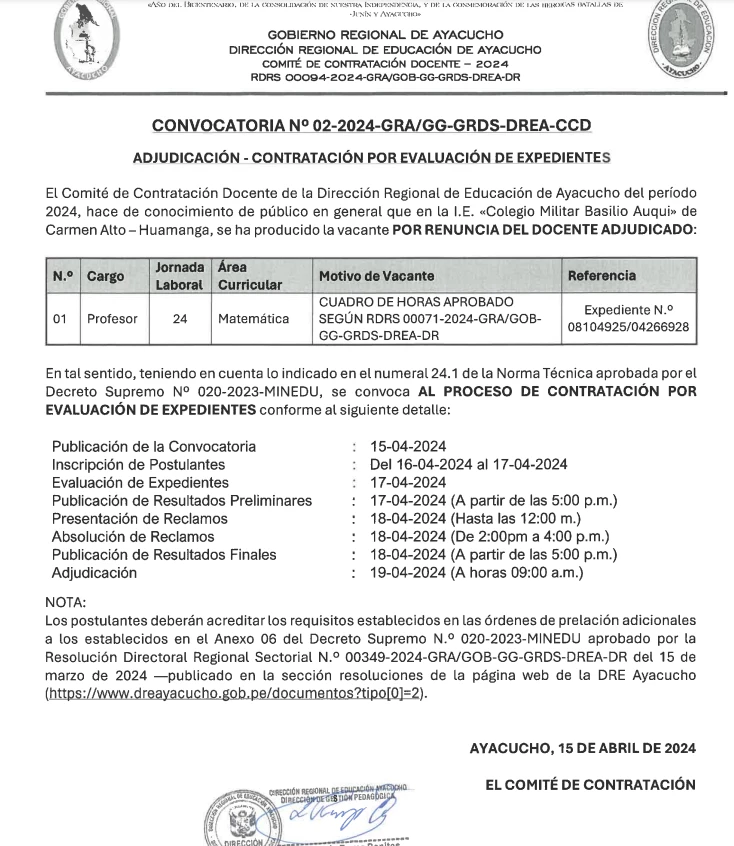 CONVOCATORIA N° 02-2024-GRA/GG-GRDS-DREA-CCD