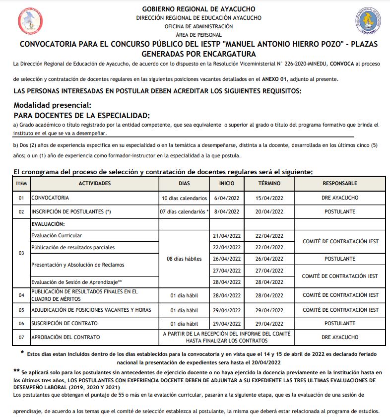 CONVOCATORIA CONTRATO DOCENTE IESTP HIERRO POZO - PLAZAS GENERADAS POR ENCARGATURA