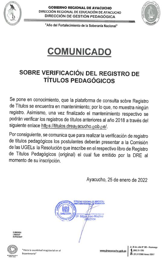 COMUNICADO SOBRE VERIFICACIÓN DE REGISTRO DE TÍTULOS