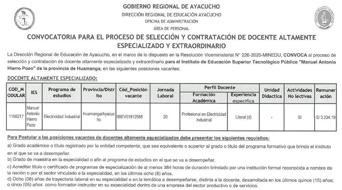 CONVOCATORIA PROCESO DE SELECIÓN Y CONTRATACIÓN DOCENTE ALTAMENTE ESPECIALIZADO Y EXTRAORDINARIO