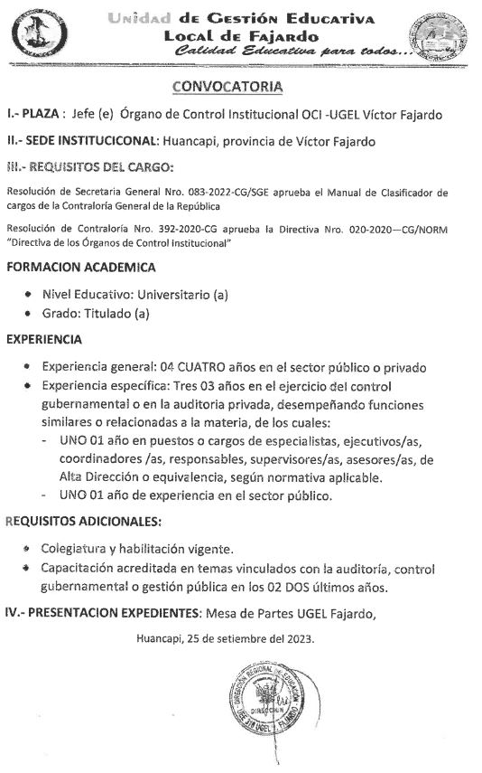 CONVOCATORIA JEFE OCI - UGEL VÍCTOR FAJARDO