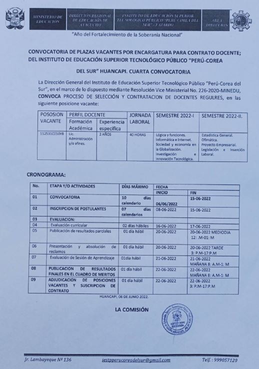 CONVOCATORIA PLAZAS VACANTES POR ENCARGATURA PARA CONTRATO DOCENTE DEL IESTP PERÚ COREA DEL SUR