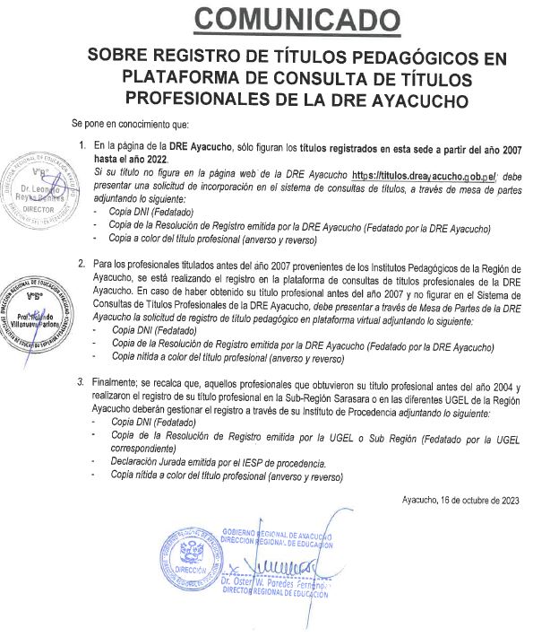 COMUNICADO SOBRE REGISTRO DE TÍTULOS PEDAGÓGICOS EN PLATAFORMA DE CONSULTAS DE LA DRE AYACUCHO