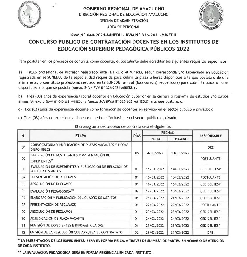 CONCURSO PUBLICO DE CONTRATACIÓN DOCENTES EN E/ISPP 2022 DEL AMBITO REGIONAL DE LA DREA