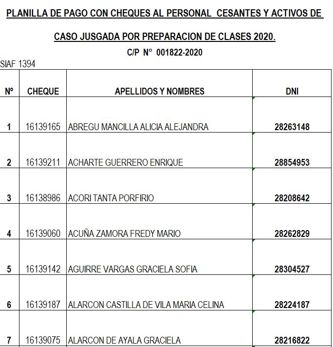 PLANILLAS DE PAGO CON CHEQUES. PREPARACIÓN DE CLASES 2020