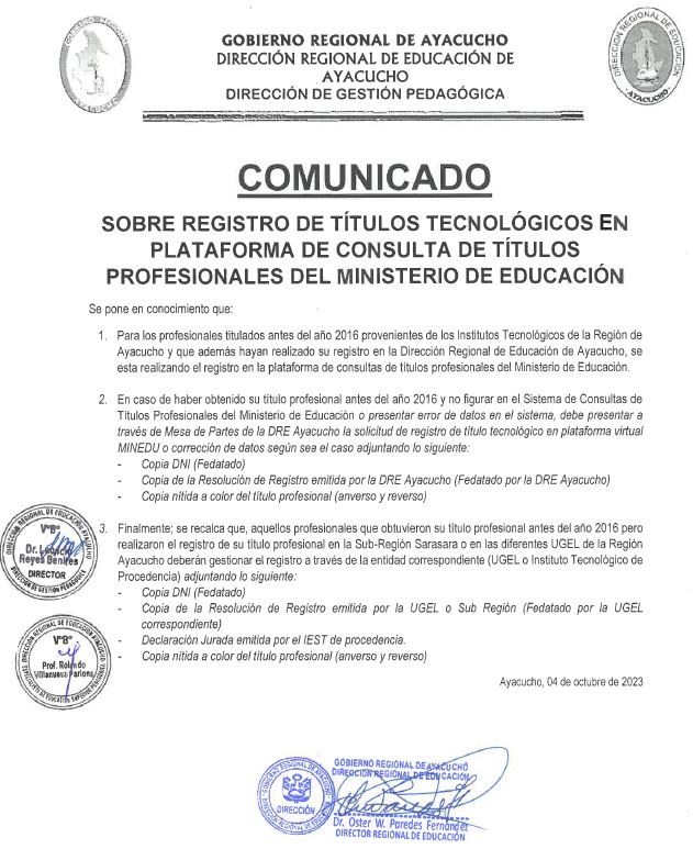 COMUNICADO SOBRE REGISTRO DE TÍTULOS TECNOLÓGICOS EN PLATAFORMA DE CONSULTAS DEL MINEDU