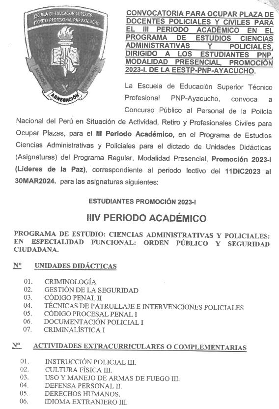 CONVOCATORIA A PLAZAS DOCENTES Y CIVILES EESTP-PNP-AYACUCHO