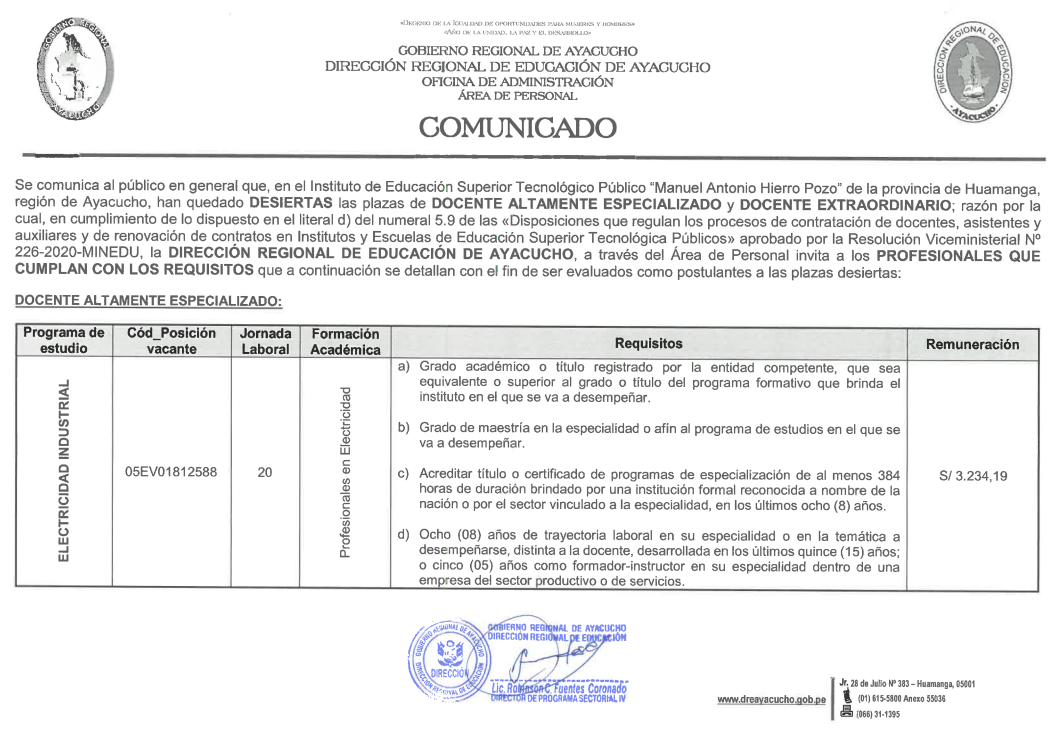 INVITACIÓN - DOCENTE ALTAMENTE ESPECIALIZADO  Y EXTRAORDINARIO - IESTP "MANUEL ANTONIO HIERRO POZO"