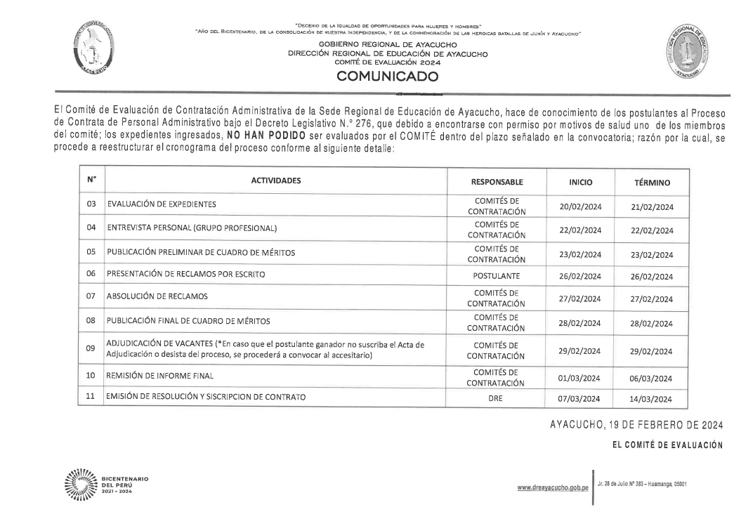 COMUNICADO - PROCESO DE CONTRATA DE PERSONAL ADMINISTRATIVO DECRETO LEGISLATIVO 276