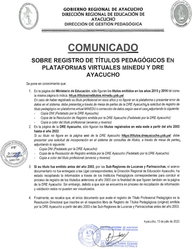 COMUNICADO SOBRE REGISTRO DE TÍTULOS