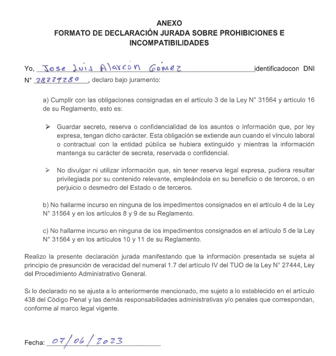 Declaración Jurada sobre Prohibiciones e Incompatibilidades - DRE AYACUCHO