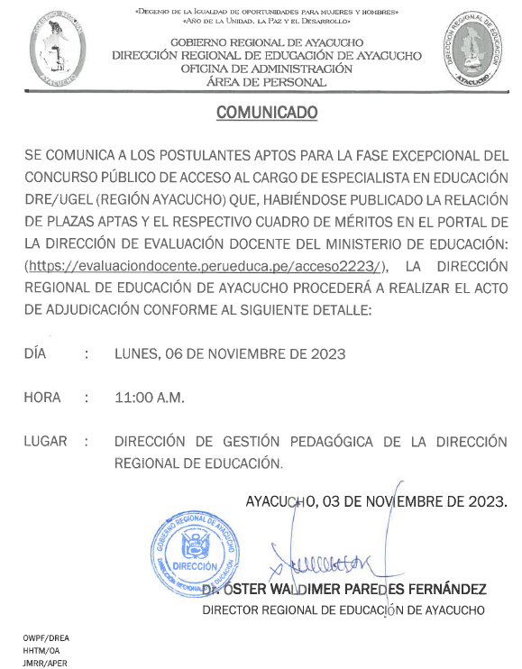 AVISO CONCURSO PÚBLICO CARGO DE ESPECIALISTA EN EDUCACIÓN DRE/UGEL