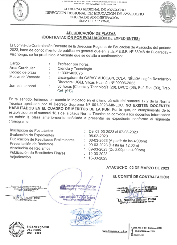 ADJUDICACIÓN DE PLAZAS (CONTRATACIÓN POR EVALUACIÓN DE EXPEDIENTES) 2023