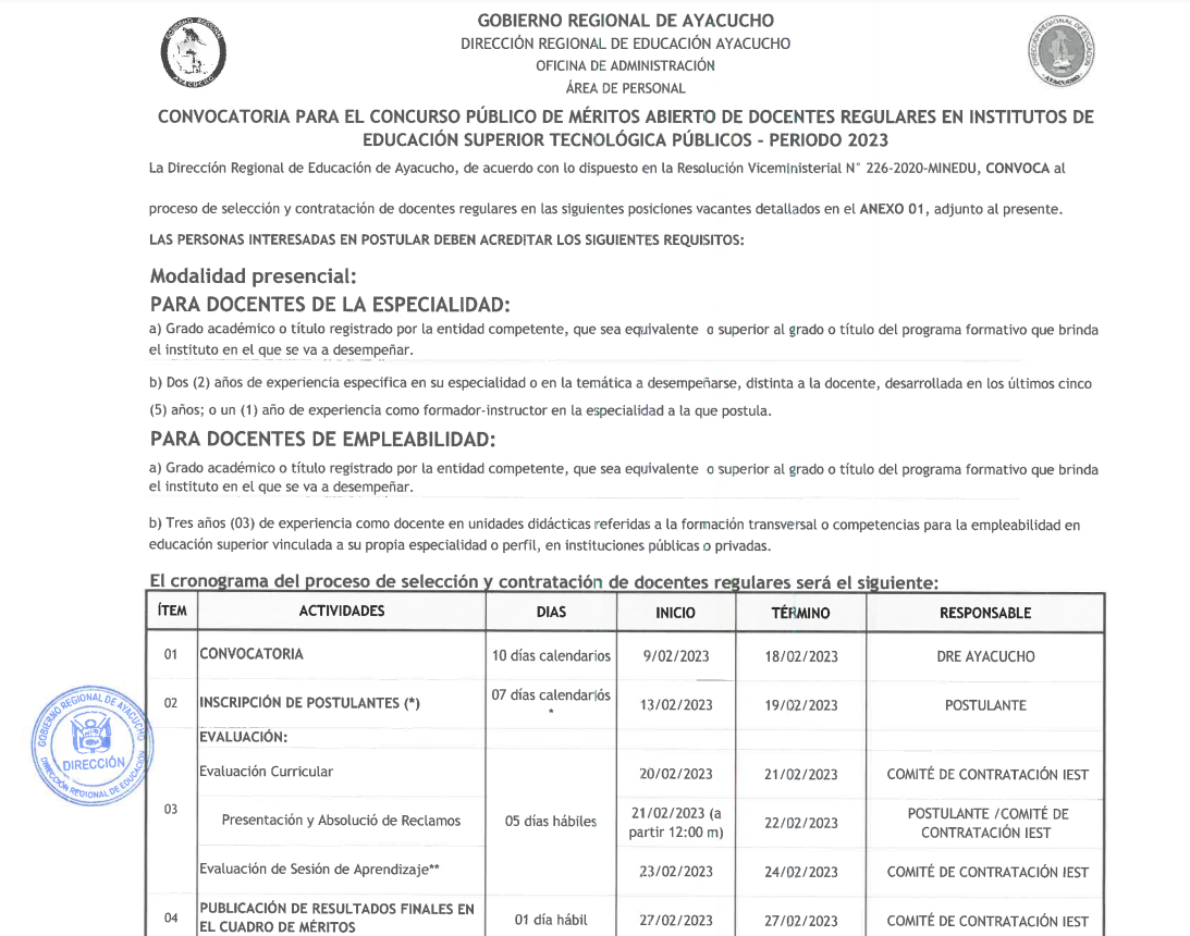 PROCESO DE CONTRATO DOCENTE EDUCACIÓN SUPERIOR TECNOLÓGICO PÚBLICO - 2023