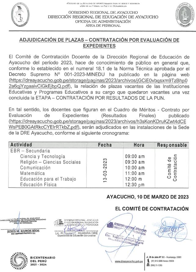 CRONOGRAMA ADJUDICACIÓN DE PLAZAS 2023