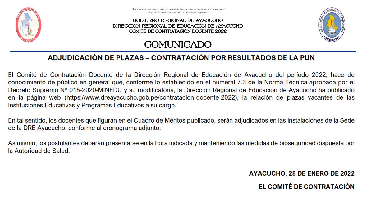 CRONOGRAMA DE ADJUDICACIÓN DE PLAZAS - DREA (EDUCACIÓN BÁSICA REGULAR)