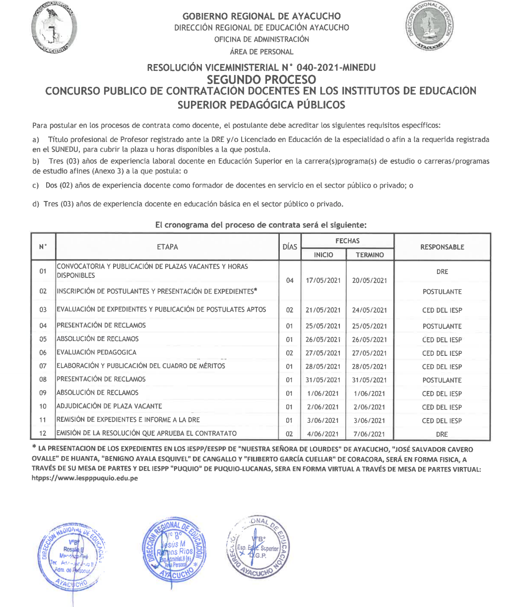 SEGUNDO PROCESO - CONCURSO PÚBLICO DE CONTRATACIÓN DOCENTE EN LOS IESPP/EESPP