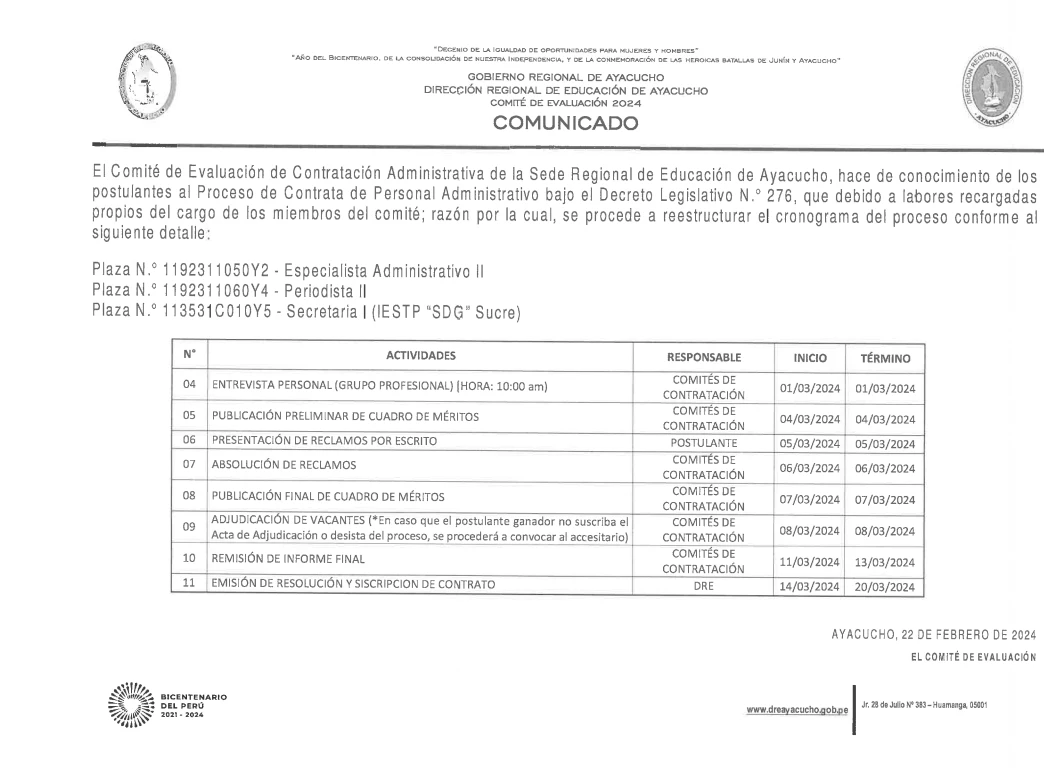 Proceso de Contrata de Personal Administrativo bajo el régimen laboral del Decreto Legislativo N.° 276 de la Sede Regional de Educación Ayacucho