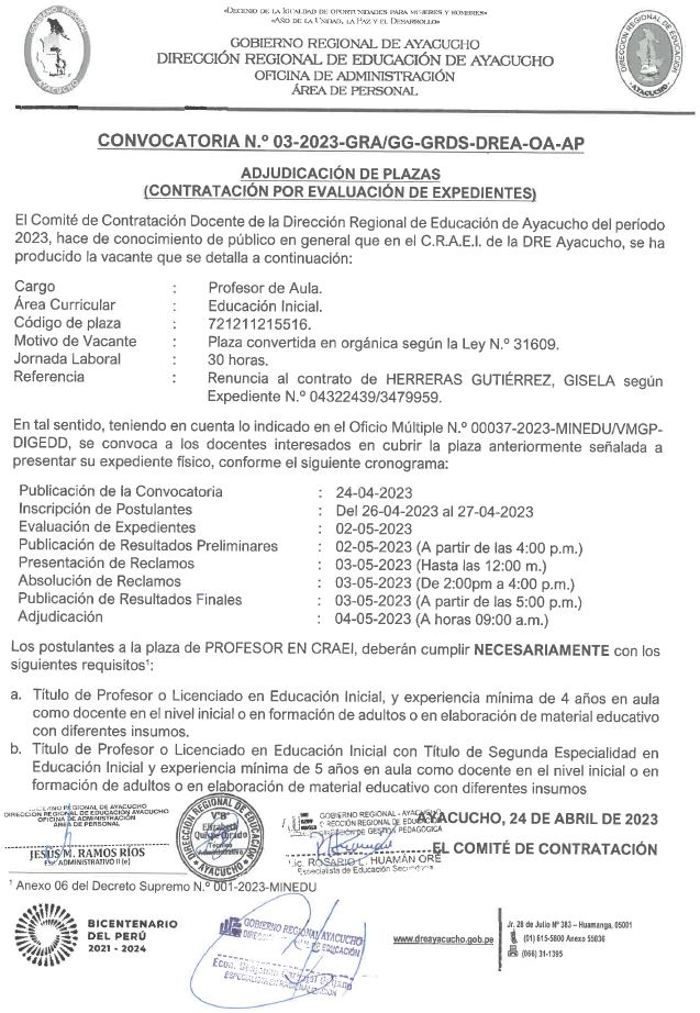 CONVOCATORIA (CONTRATACIÓN POR EVALUACIÓN DE EXPEDIENTES)