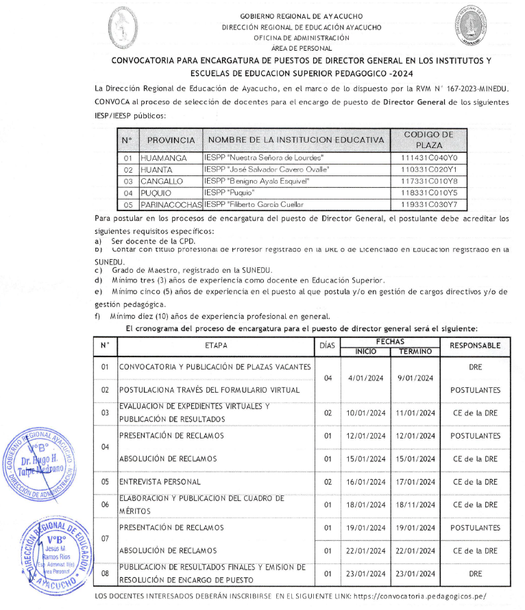 PROCESO ENCARGATURA PUESTO Y FUNCIONES DE DIRECTOR GENERAL ESCUELAS E INSTITUTOS SUP. PED. PÚB.